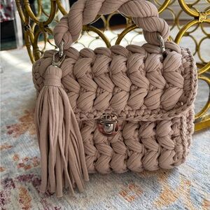 Crochet woven neutral mini handbag made by SASH in St Barth